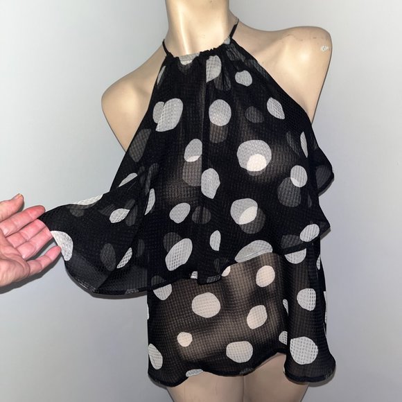 Black and White Pokka Dot Sheer Chiffon Keyhole Flowy Top - Picture 3 of 5